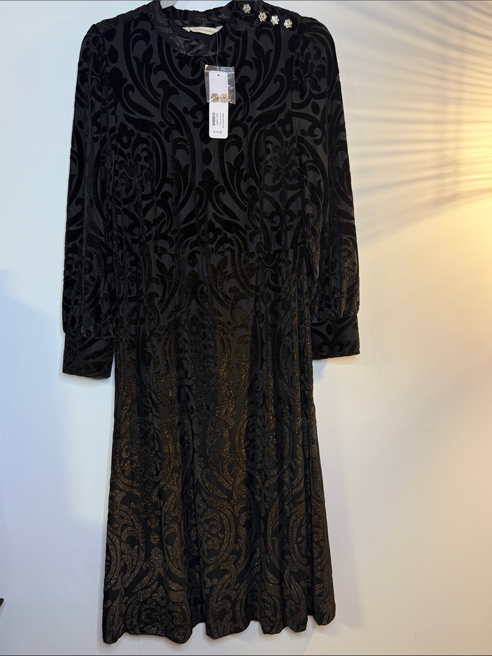 Soft Surroundings Black Velvet Burnout Long Sleeve Dress with Paisley Motif